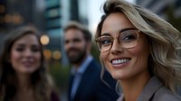 Young blonde businesswoman wearing glasses smiling confidently with diverse colleagues in background at modern office building exterior during sunset.
