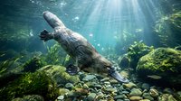 Large crocodile resting on rocky riverbed underwater with sunlight streaming through water creating dramatic lighting effects in natural aquatic habitat.