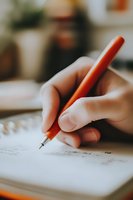 Close-up view of hand writing with red pen on paper, shallow depth of field with soft bokeh background creates intimate studying or working atmosphere.
