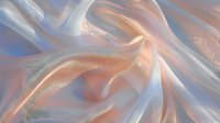 Ethereal flowing fabric in peach and white creates soft waves and folds against blue background, abstract luxury textile with delicate sheen and graceful movement.