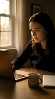 Young Caucasian woman working on laptop at wooden desk with steaming coffee cup and notebook in warm moody home office light.