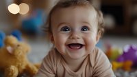 Happy Caucasian baby with bright blue eyes and wide smile lying on stomach, surrounded by colorful toys and teddy bear in home setting. Natural lighting creates warm atmosphere.