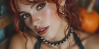 Young Caucasian woman with red curly hair and pearl necklace in warm autumn setting with pumpkins creating cozy seasonal portrait atmosphere.