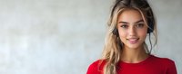 Young Caucasian woman with blonde hair wearing bright red sweater smiling at camera against light background, natural makeup and casual style for lifestyle and fashion content.
