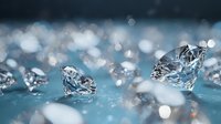 Sparkling diamonds scattered on blue surface with bokeh effect, showcasing luxury jewelry gemstones in elegant arrangement.