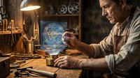 Skilled middle-aged Caucasian watchmaker examining intricate clockwork mechanism with magnifying glass in traditional workshop with vintage tools and warm lighting.