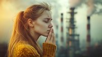 Young Caucasian woman in yellow sweater praying near industrial chimneys with smoke. Environmental concept showing concern about air pollution and climate change.