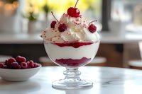 Layered dessert with raspberry sauce, whipped cream, and fresh cherries served in elegant glass bowl on marble surface, garnished with red fruit.
