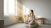Young Asian woman in comfortable pajamas practicing mindfulness meditation on cushion in bright minimalist bedroom with natural sunlight and plants.