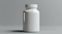 White plastic supplement bottle with ribbed cap on neutral gray background, mockup for pharmaceutical or wellness product packaging design.