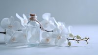 Small glass bottle with cork stopper surrounded by delicate white orchid flowers on light background, creating serene spa or wellness composition.