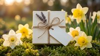 White gift box with kraft paper bow surrounded by yellow daffodils and lavender on moss in warm sunlight. Spring celebration and holiday present concept.