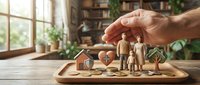 Hand protecting wooden family figures on table representing life insurance and family security concept in cozy home interior.