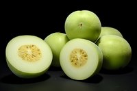 Fresh green winter melon or ash gourd sliced and whole on black background, showing white flesh and seeds perfect for Asian cuisine and healthy cooking concepts.