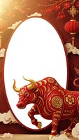 Chinese New Year ox bull frame with red gold decorations plum blossoms lanterns clouds traditional ornaments for greeting cards invitations.
