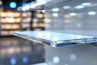 Modern glass shelf with blurred retail store background creates minimalist display space with soft bokeh lighting effects and reflective surfaces.