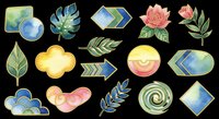 Watercolor tropical clipart set with leaves, flowers, frames, arrows, and shapes in blue, green, gold, and pink, isolated on transparent background. Ready for stickers, sublimation, and print on demand.