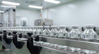 Glass vials on pharmaceutical production line in sterile manufacturing facility for medicine and drug development in clean room environment.