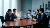 Asian business professionals collaborate around conference table with glowing digital network connections symbolizing teamwork and innovation in modern office.