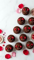 Chocolate cupcakes with red heart decorations and rose petals on marble background for Valentine's Day celebration and romantic dessert menu.