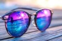 Stylish sunglasses with colorful mirrored lenses reflecting cosmic galaxy patterns on wooden deck during golden hour sunset for summer fashion accessories.