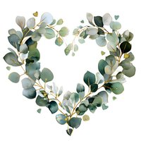 Watercolor eucalyptus leaves arranged in heart shape with gold accents on white background, perfect for wedding invitations and romantic designs.
