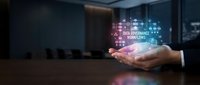 Professional businessman hand presenting holographic data governance workflow concept with glowing digital network connections in modern office environment.