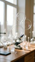 Floating soap bubbles in modern kitchen interior with natural sunlight creating rainbow reflections on transparent spheres above wooden countertop.
