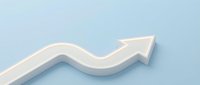 Upward trending arrow on light blue background symbolizing growth, success, and positive business momentum for financial charts and marketing materials.