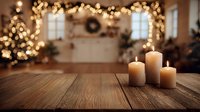 Burning candles on wooden table with festive Christmas interior and bokeh lights in background, creating cozy holiday atmosphere.