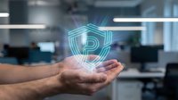 Hands holding glowing shield with padlock symbol representing cybersecurity, data protection, and digital safety in modern office environment for business technology concepts.