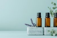 Essential oil amber glass bottles on concrete podium with lavender and eucalyptus leaves against mint green background, minimalist spa composition.