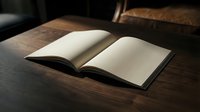 Open blank book with empty pages on wooden table in warm lighting for writing, reading, education, and creative projects.