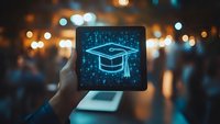 Digital tablet screen displaying glowing graduation cap icon against blurred bokeh lights background, symbolizing online education and academic achievement.