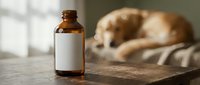 Amber glass medicine bottle with blank white label on wooden surface with sleeping dog in soft focus background for veterinary pharmaceutical packaging.
