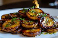 Caramelized plantain slices garnished with fresh herbs and drizzled with honey on white plate, close-up view showing golden-brown sear marks and glossy glaze.