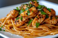 Spicy Asian noodles with grilled chicken pieces in sweet and savory sauce, garnished with fresh herbs and sesame seeds on white ceramic plate.