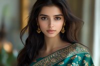 Young South Asian woman wearing traditional emerald green and gold embroidered saree with ornate gold earrings, long dark hair flowing, soft natural makeup, looking directly at camera.
