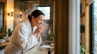 Young adult male with dark hair and olive complexion, wearing white bathrobe, washing face at bathroom sink with morning skincare routine in warm, modern bathroom setting.