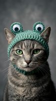 Adorable tabby cat wearing green knitted frog hat with googly eyes and ears, funny pet costume portrait on gray background for Halloween or dress-up fun.
