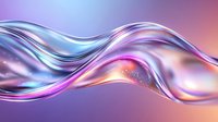 Flowing iridescent waves with holographic effect in pink, purple and blue colors creating abstract fluid motion against blurred background.