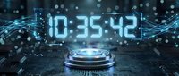 Digital clock displaying 10:35:42 with glowing holographic numbers above futuristic circuit board and illuminated sphere, representing time, technology, and data processing.