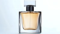 Elegant glass perfume bottle with amber liquid against light background, luxurious fragrance container with black cap and transparent design for cosmetic advertising.