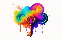Vintage golden key with vibrant rainbow cloud and paint drip effect on white background, creative surreal concept art for decorative design and fantasy illustration.