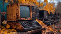 Old rusty retro computer with keyboard on wooden surface surrounded by fallen autumn leaves, nostalgic composition with vintage electronics in fall setting.