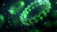 Glowing green circular technological pattern with digital particles and bokeh effects floating in dark space, futuristic cybernetic design concept.