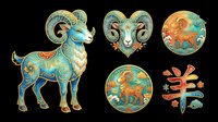Aries zodiac sign symbols with ram head, horns, and decorative celestial elements isolated on transparent background, ready for t-shirt design, clipart, stickers, sublimation, and print-on-demand projects.