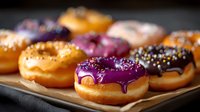 Colorful glazed donuts with sprinkles arranged on parchment paper, featuring purple, chocolate, and classic toppings in dramatic lighting for food photography.