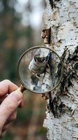 Hand holding magnifying glass examining birch tree bark texture in natural forest environment for scientific research and nature study.