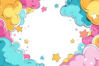 Playful clouds and stars frame in pastel pink, yellow, and turquoise colors on white background, creating magical border for children designs and party decorations.